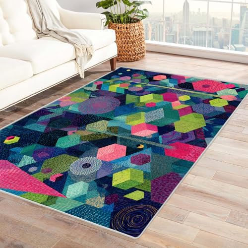 PUSRDEO Multicolor Abstrakt Teppich Flacher Block Kurzflor Teppich Maschinenwaschbar Fleckenresistent Für Viel Begangene Zonen(Green)-120x180cm von PUSRDEO
