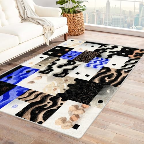 PUSRDEO Multicolor Patchwork Teppich Stapelte Quadrate Maschinenwaschbar Schnelltrocknend Weicher Griff Für Flur Eingang Hohe(Weiß)-210x270cm von PUSRDEO