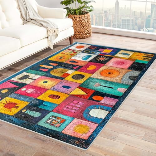 PUSRDEO Patchwork Design Abstraktes Teppichmuster Kleines Haus Für Wohnzimmer Büro Flur rutschfeste Gummirücken Dick Strapazierfähig(Blau)-90x150cm von PUSRDEO