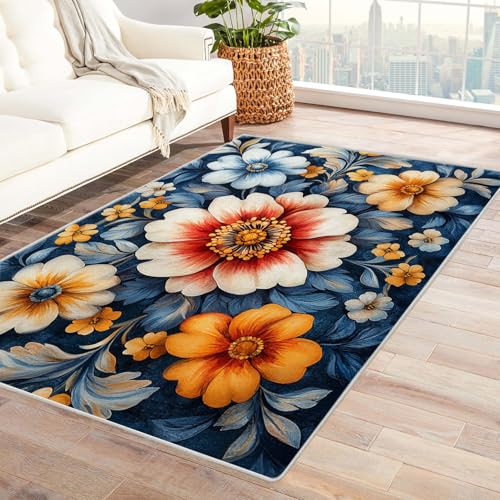 PUSRDEO Pflanzen Design Handgemalt Teppich Kunstvoll Große Blume Haustierfreundlich Schmutzabweisend Atmungsaktiv Kurzflor Für Wohnbereich(Blue)-90x120cm von PUSRDEO