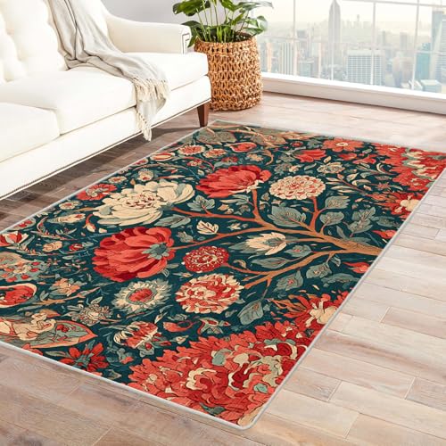 PUSRDEO Pflanzen Design Handgemalt Teppich Kunstvoll Schöne Blumen Für Esszimmer Wohnzimmer Gästezimmer Anti-Rutsch Rückseite Robust Pflegeleicht Kurze Flor(Green)-120x150cm von PUSRDEO
