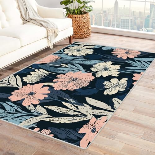 PUSRDEO Pflanzen Digitale Kunst Symmetrie Teppich BlüTen Für Wohnzimmer Büro Flur rutschfeste Gummirücken Dick Strapazierfähig(Blau)-180x270cm von PUSRDEO