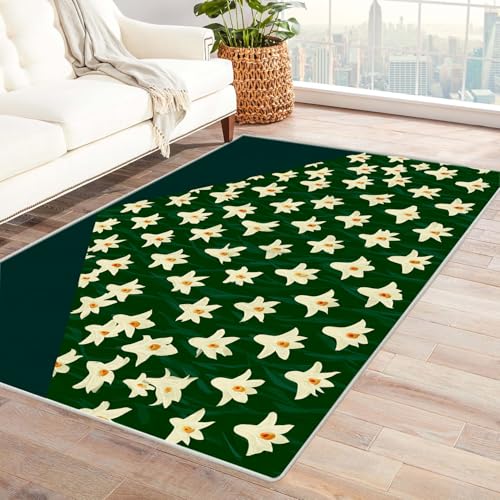 PUSRDEO Pflanzen Digitale Kunst Symmetrie Teppich Narzissen Für Wohnzimmer Büro Flur rutschfeste Gummirücken Dick Strapazierfähig(Weiß)-240x300cm von PUSRDEO
