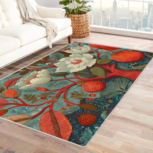 PUSRDEO Pflanzen Muster Digitaldruck Teppich BaumblüTen Ideal Für Innenräume Wie Flur Küche Mit Atmungsaktiver Oberfläche Und Rutschfester Basis(Blau)-150x210cm von PUSRDEO