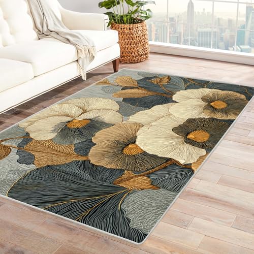 PUSRDEO Pflanzen Muster Digitaldruck Teppich BlüTen Kurzflorig Teppich Maschinenwaschbar Schmutzunempfindlich Für Starke Nutzung(Weiß)-60x90cm von PUSRDEO