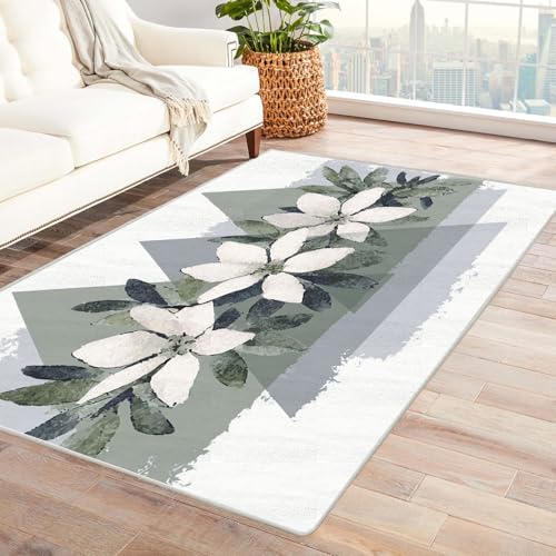 PUSRDEO Pflanzen Muster Digitaldruck Teppich Blumen Kurzflorig Teppich Maschinenwaschbar Schmutzunempfindlich Für Starke Nutzung(GrüN)-150x210cm von PUSRDEO