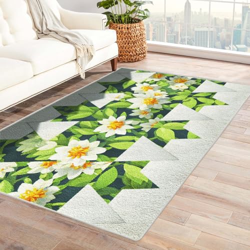 PUSRDEO Pflanzen Muster Digitaldruck Teppich Narzissen Mit Antirutsch Unterseite Dicke Polsterung Pflegeleicht Für Korridor(Weiß)-210x300cm von PUSRDEO