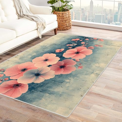 PUSRDEO Stilvoller Florale Ikat Teppich Dekorativ Rosa Blume 3D Maschinenwaschbar Rasch Trocknend Weich Gefühl Für Eingang Flurbereich Hoch Belastbar(Light Blue)-240x300cm von PUSRDEO