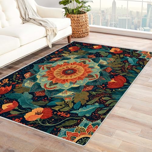 PUSRDEO Stilvoller Ikat Pflanzen Teppich Dekoration Wunderschöne Blumen Für Studio Arbeitsraum Wohnbereich Mit Gummi Rückseite Anti-Rutsch Fest Bequem(Green)-210x270cm von PUSRDEO