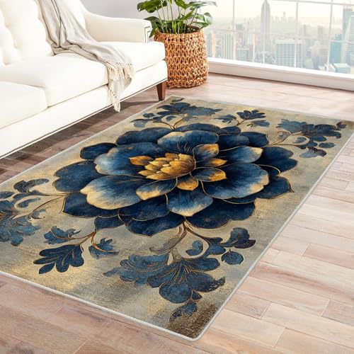 PUSRDEO Symmetrie Fantasie Digitaldruck Teppich Blumen Für Arbeitszimmer Studio Wohnbereich Mit Gummirücken Anti-Rutsch Dick Haltbar(Blau)-210x270cm von PUSRDEO