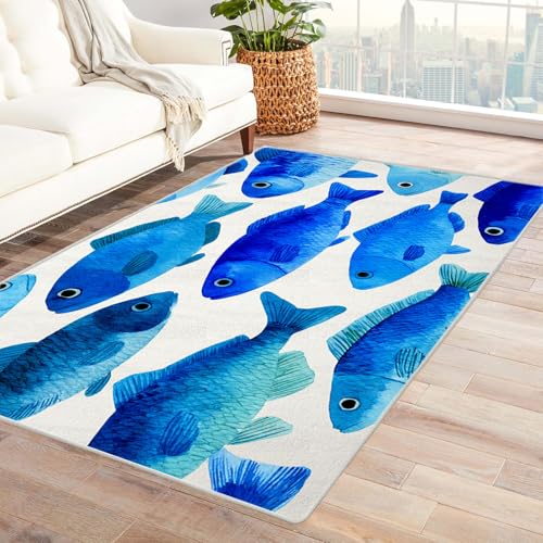 PUSRDEO Symmetrie Fantasie Digitaldruck Teppich Fisch Perfekt Für Esszimmer Arbeitszimmer Mit Dichter Struktur Und Pflegeleichtem Stoff(Blau)-180x240cm von PUSRDEO