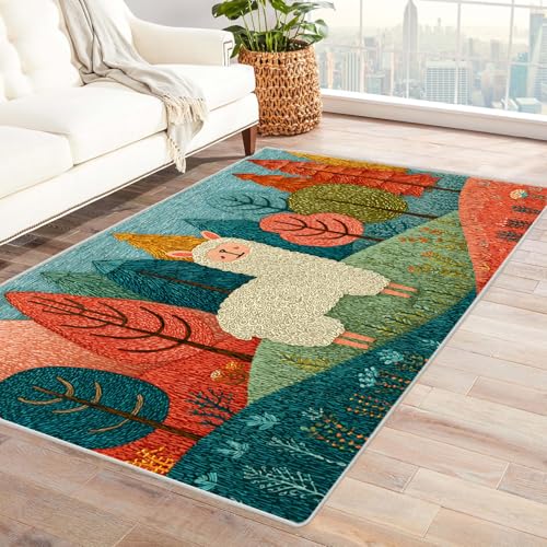 PUSRDEO Symmetrischer Digital Art Teppich Alpaka Für Innenbereich Balkon Terrasse Kurzflorig Strapazierfähig Rutschsicher(GrüN)-90x120cm von PUSRDEO