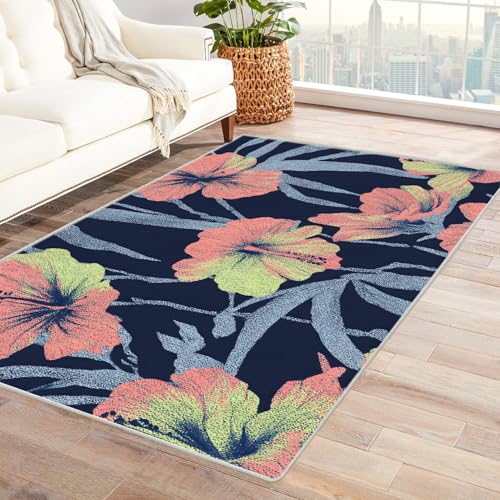 PUSRDEO Symmetrischer Digital Art Teppich BlüTen Für Innenbereich Balkon Terrasse Kurzflorig Strapazierfähig Rutschsicher(Blau)-90x150cm von PUSRDEO