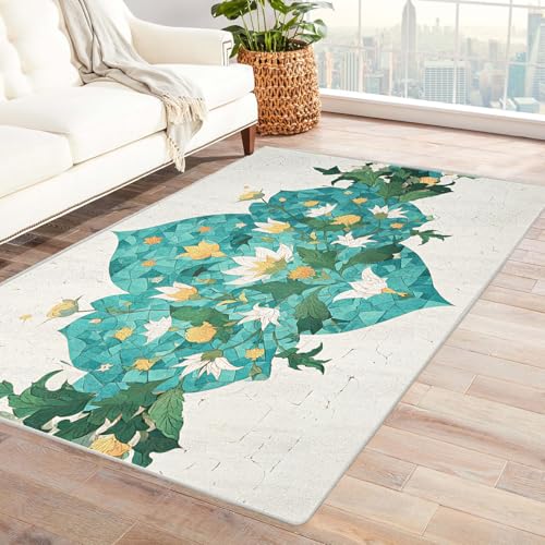 PUSRDEO Symmetrischer Digital Art Teppich Blumen Für Innenbereich Balkon Terrasse Kurzflorig Strapazierfähig Rutschsicher(GrüN)-120x180cm von PUSRDEO