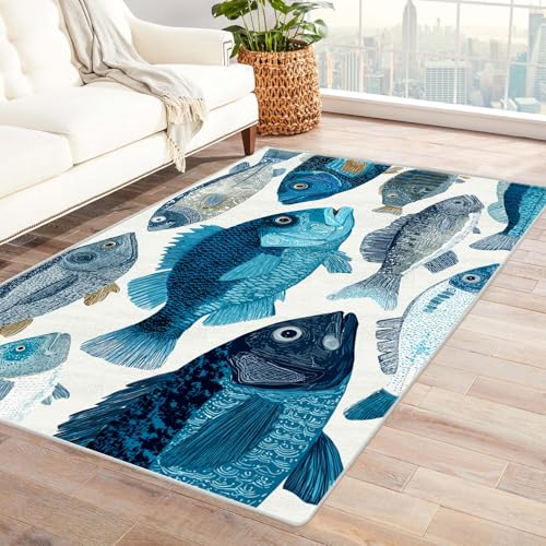 PUSRDEO Symmetrischer Digital Art Teppich Fisch Dicker Flor Weich Gemütlich Rutschsicher Leicht Sauber Für Küchen Flur Bereich(Blau)-150x240cm von PUSRDEO