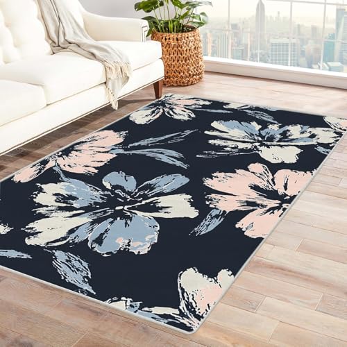 PUSRDEO Symmetrischer Fantasie Teppich mit Pflanzen BlüTen Pflegeleicht Kurzflorig Haustierfreundlich Fleckenresistent Atmungsaktiv(Blau)-120x150cm von PUSRDEO