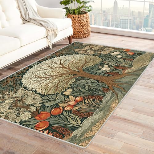 PUSRDEO Symmetrischer Fantasie Teppich mit Pflanzen GroßEr Baum Rutschfester Untergrund Dicke Ausführung Leicht Reinigbar Für Studio(Braun)-150x210cm von PUSRDEO