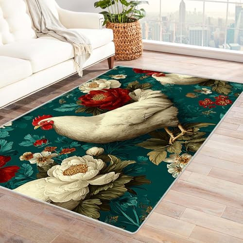PUSRDEO Symmetrischer Fantasie Teppich mit Pflanzen Huhn Für Wohnbereich Eingangshalle Mit Rutschhemmender Basis Und Pflegeleichtem(Weiß)-90x150cm von PUSRDEO