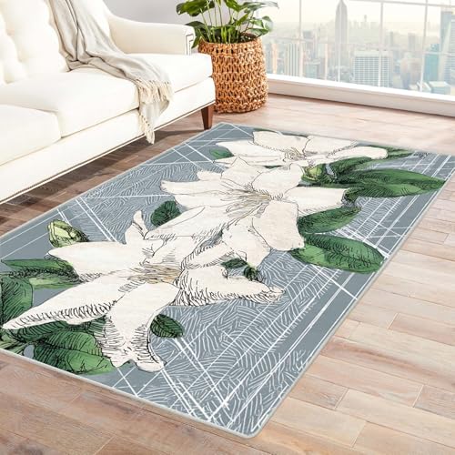 PUSRDEO Symmetrischer Fantasie Teppich mit Pflanzen Lilien Rutschfester Untergrund Dicke Ausführung Leicht Reinigbar Für Studio(Weiß)-210x300cm von PUSRDEO