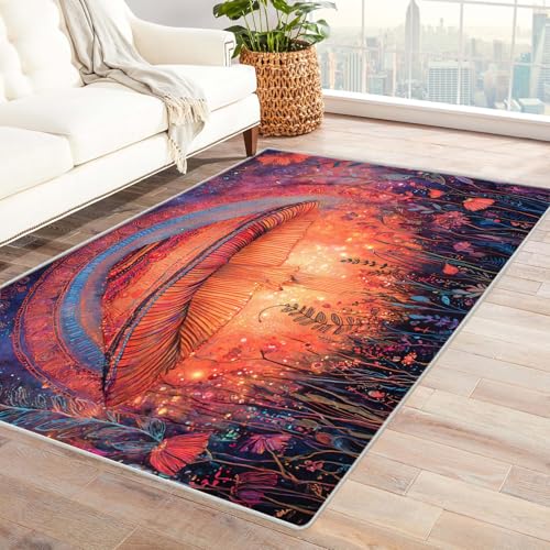 PUSRDEO Symmetrischer Fantasie Teppich mit Pflanzen Pilz Pflegeleicht Kurzflorig Haustierfreundlich Fleckenresistent Atmungsaktiv(Orange)-180x240cm von PUSRDEO