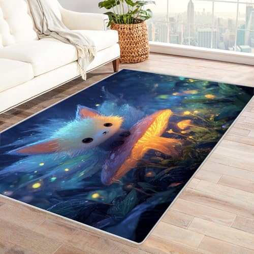 PUSRDEO Tierisch Fantasievoller Cartoon Teppich WeißE Fuchs Dicker Belag Weich Bequem rutschfest Leicht Sauber Machen Für Diele Küchenbereich(Blue)-90x150cm von PUSRDEO