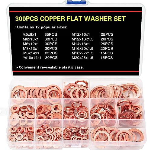 300 Stück Flach Unterlegscheiben, 12 Größen Kupferdichtringe Kupfer Flache Scheibe Dichtring Sortiment Kit Kupfer mit Box, M5 M6 M8 M10 M12 M14 M16 M20 von PUTEKCO