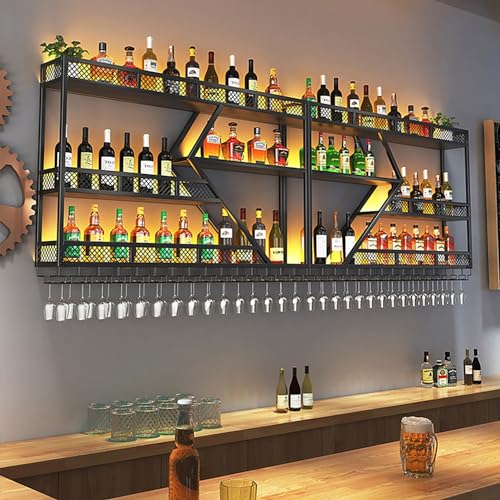 PUTHLLA An der Wand montiertes Weinregal mit LED-Licht, großer Weinhalter aus Metall und Regal zur Präsentation von Schnapsflaschen, hängendes Kelchregal in Gold und Schwarz von PUTHLLA