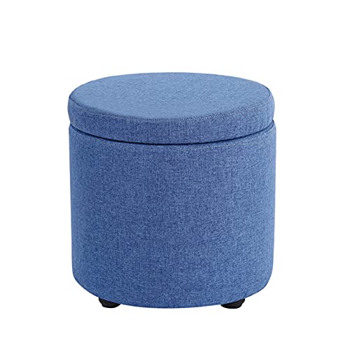 PUTHLLA Blauer Ottoman-Fußhocker mit Stauraum aus Leinen und Beinen aus Massivholz. Atmungsaktiver Sitz für Wohnzimmer, Schlafzimmer oder Kinderzimmer. Platzsparende runde Aufbewahrungsbox, 32 x 32 von PUTHLLA