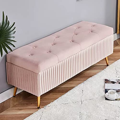 PUTHLLA Elegante Ottomane mit Stauraum aus rosa Samt mit goldenen Metallbeinen, knöpfbarer Fußstütze und Stauraum für den Eingangsbereich im Schlafzimmer oder Wohnzimmer von PUTHLLA
