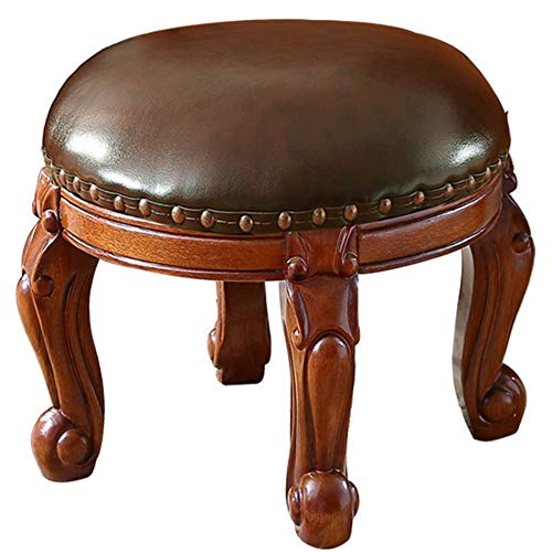 PUTHLLA Runder osmanischer Fußhocker aus Leder, gepolsterter Fußhocker, europäischer Premium-Pouf-Hocker, Schminkhocker mit 4 geschnitzten Holzbeinen, Kaffeebraun – Nicht drehbar von PUTHLLA