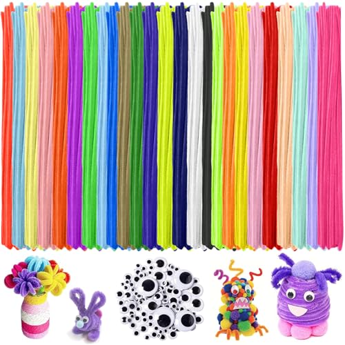 PUWOWYE 300 Stück Pfeifenreiniger Bunt, 25 Farben Pfeifenputzer zum Basteln, 30cm Chenilledraht, 6mm Pfeiffendraht mit 100 Wackelaugen Selbstklebend von PUWOWYE