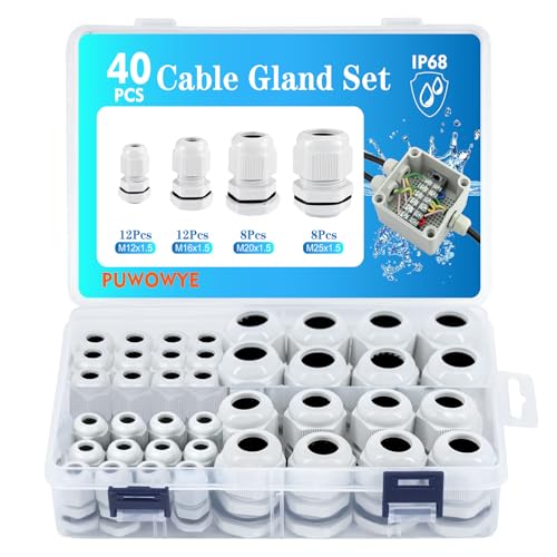 PUWOWYE 40 Stück Kabelverschraubung M12 M16 M20 M25, Kabelverschraubung Set, IP68 Wasserdichte Einstellbar Kabeldurchführung von PUWOWYE