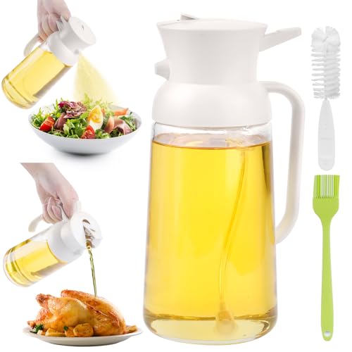 PUWOWYE 550ML Ölsprüher für Speiseöl, Öl Sprühflasche 2 in 1, Oil Spray Bottle Glas, Ölspray für Heißluftfritteuse zum Kochen, mit Backpinsel Silikon und Flaschenbürste, Weiß von PUWOWYE