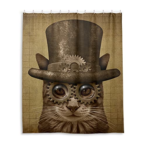 PUXUQU Duschvorhang Jahrgang Steam Punk Katze Shower Curtains Wasserdichter Badvorhang mit 12 Haken 152 x 182 cm von PUXUQU