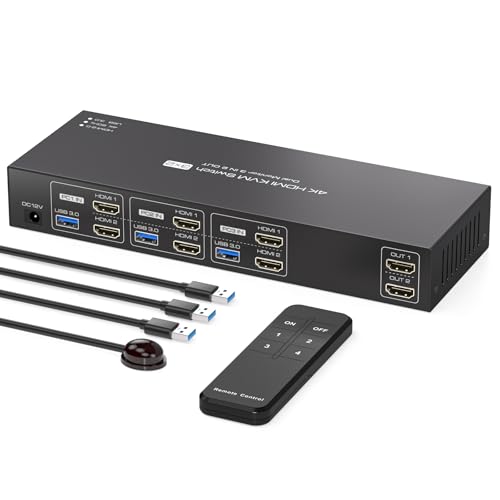 PVBCTCSID KVM Switch 3 PC 2 Monitore HDMI 4K60Hz 2K120Hz Unterstützen Edid USB 3.0 KVM Switch 3 PC Dual Monitor 3 In 2 Out für 3 Computer Und 4 USB 3.0 Geräte Mit IR Fernbedienungen und DC12V Netzteil von PVBCTCSID