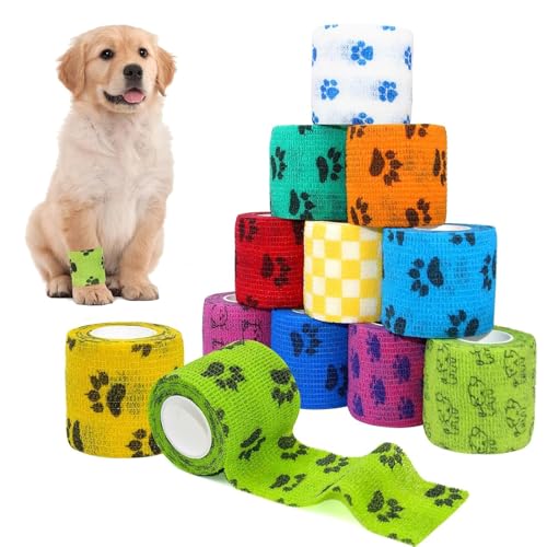 12-Rollen Selbsthaftende Bandage Hund Vet Verband Elastische Selbstklebender Verband, Selbsthaftender Verband, Gipsbinden, Cohesive Pet Vet Wrap für Katze,Hund,Pferd Bein Klebeverband（2.5cm x 4m） von PVFZXS