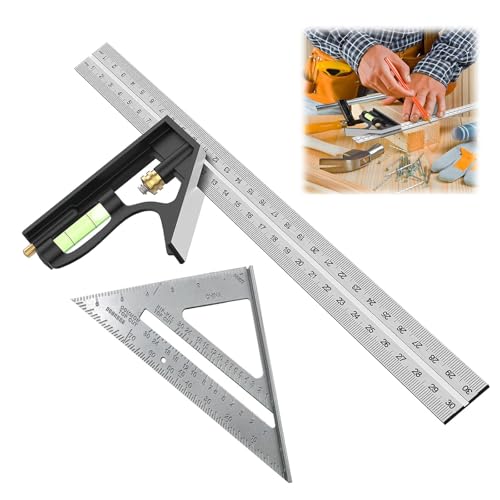 PVFZXS Zimmermannswinkel Set 2 Stück, 7 Zoll Metrisches Dreieckslineal, Kombinationswinkel 300mm mit Wasserwaage und Anreissnadel für Holzbearbeitung, Heimwerken, Heimarbeit, Präzisen Anreißen von PVFZXS