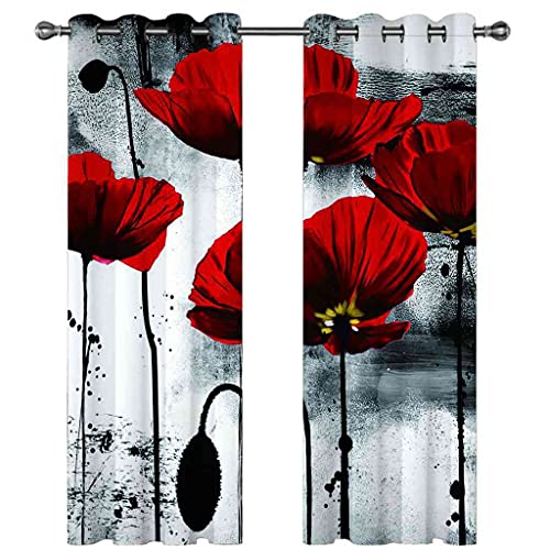 PVMLVM Schlafzimmer Vorhang 2Er Set 3D Kunst Rote Blumen Muster Verdunkelung Gardinen Blickdicht Mit Ösen Polyester Vorhänge Für Kinderzimmer Wohnzimmer Fensterdekoration 150x166cm von PVMLVM