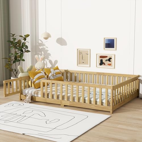 PVWIIK Bodenbett in voller Größe mit Zaun und Tür, Gummiholz-Bodenbett mit Sicherheitsgeländern, in Bodennähe, einfach zu montieren, kein Boxspringbett erforderlich, natürlich PVWIIK Bodenbett in voller Größe mit Zaun und Tür, Gummiholz-Bodenbett mit Sicherheitsgeländern, in Bodennähe, einfach zu montieren, kein Boxspringbett erforderlich, natürlich von PVWIIK