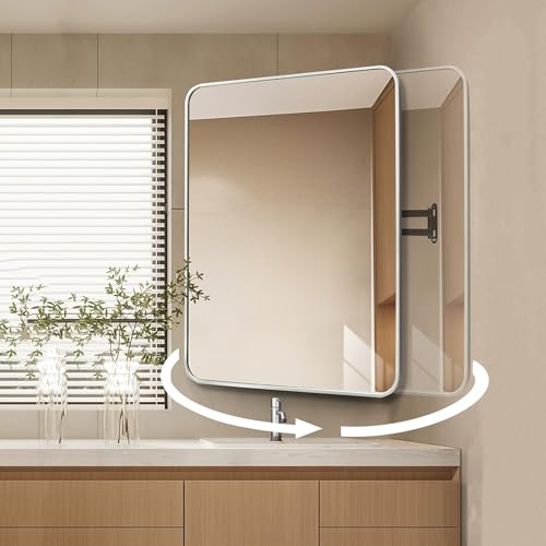 Badezimmer-Eckspiegel, rechteckiger Drehspiegel mit gebürstetem Metallrahmen, dreh- und ausziehbarer Arm, Spiegel dreh- und neigbar, vertikal und horizontal (Silber, 20" x Badezimmer-Eckspiegel, rechteckiger Drehspiegel mit gebürstetem Metallrahmen, dreh- und ausziehbarer Arm, Spiegel dreh- und neigbar, vertikal und horizontal (Silber, 20" x von PVYGDXYI