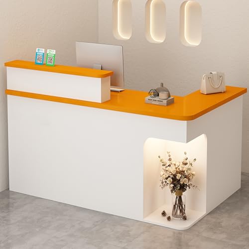 L-förmiger Empfangsschalter mit LED-Beleuchtung Rezeptionsschalter mit abschließbarer Schublade, Rezeptionstisch (Orange, 140 cm) von PVYGDXYI