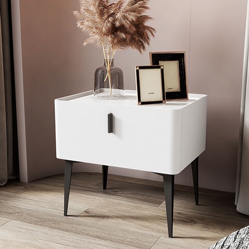 PVYGDXYI Moderner minimalistischer Nachttisch aus Massivholz mit Schiefer-Arbeitsplatte, weißer kleiner Schlafzimmer-Nachttisch, Nachttisch aus Holz mit Aufbewahrungsschubladen von PVYGDXYI