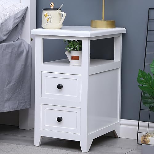 PVYGDXYI Moderner schlichter Nachttisch aus Massivholz mit doppelten Schubladen, schmaler Mini-Nachttisch für Schlafzimmer, Wohnzimmer, Nachttisch/moderner Holz-Co., Weiß von PVYGDXYI