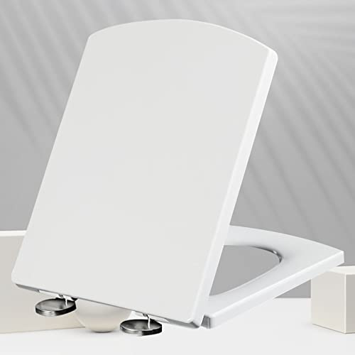 PVYGDXYI Robuster weißer Toilettensitz mit Absenkautomatik und antibakterieller Absenkautomatik – quadratische Form, Badezimmerdeckel, Edelstahl, verstellbare Scharniere von PVYGDXYI