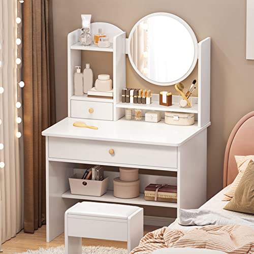 PVYGDXYI Schminktisch-Set mit rundem Spiegel, 2 Schminkschubladen, Ablageflächen und gepolstertem Hocker, Kommode aus Holz für Schlafzimmer und Badezimmer (60 x 40 x 121 cm, A) von PVYGDXYI