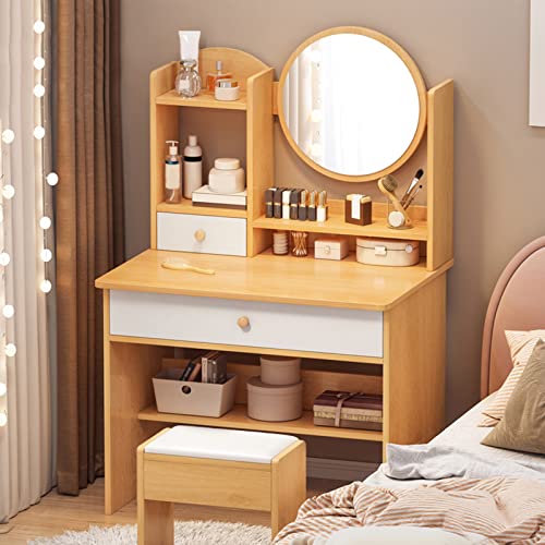 PVYGDXYI Schminktisch-Set mit rundem Spiegel, 2 Schminkschubladen, Ablageflächen und gepolstertem Hocker, Kommode aus Holz für Schlafzimmer und Badezimmer (60 x 40 x 121 cm, B) von PVYGDXYI