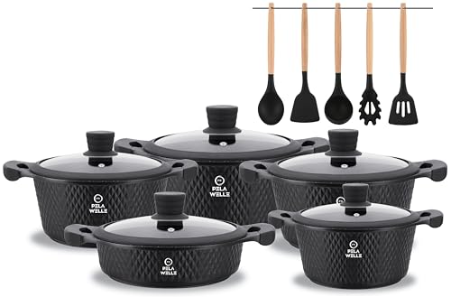 Pela Welle® Topfset Induktion [15-teilig Keramik] inkl. Küchenhelfer, antihaftbeschichtete Töpfe Induktion | Topfset schwarz | Kochtopf Set | Induktions Töpfe Set | Kochtöpfe | Topfsets von PW PELA WELLE