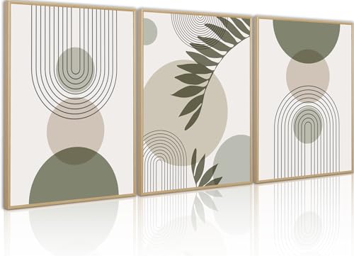 PWAAHDC Wandbilder Wohnzimmer Modern – 3er Set Leinwandbilder mit Rahmen 30x40cm – Große Abstrakte Boho Bilder in Grün – Gerahmte Kunstdrucke für Schlafzimmer & Wohnzimmer Deko von PWAAHDC