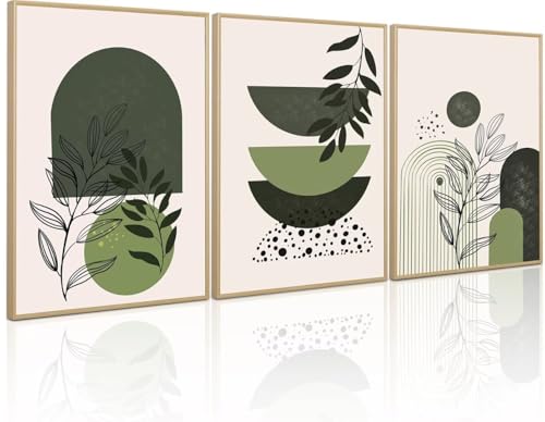PWAAHDC Boho Wandbilder 3er Set – Gerahmte Abstrakte Bilder mit Geometrischen Linien, Blättern, Sonne & Mond – Moderne Pflanzen Bilder für Wohnzimmer, Schlafzimmer, Büro, Küche – 30x40 cm von PWAAHDC