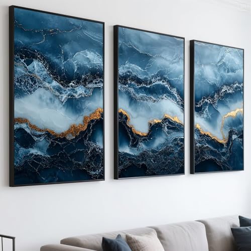 PWAAHDC Navy Blau und Gold Wandkunst 3er Set - Abstrakte Marmor Poster für Wohnzimmer, Schlafzimmer, Badezimmer & Flur - Moderne blaue ästhetische Drucke (ungerahmt 40x60cm) von PWAAHDC